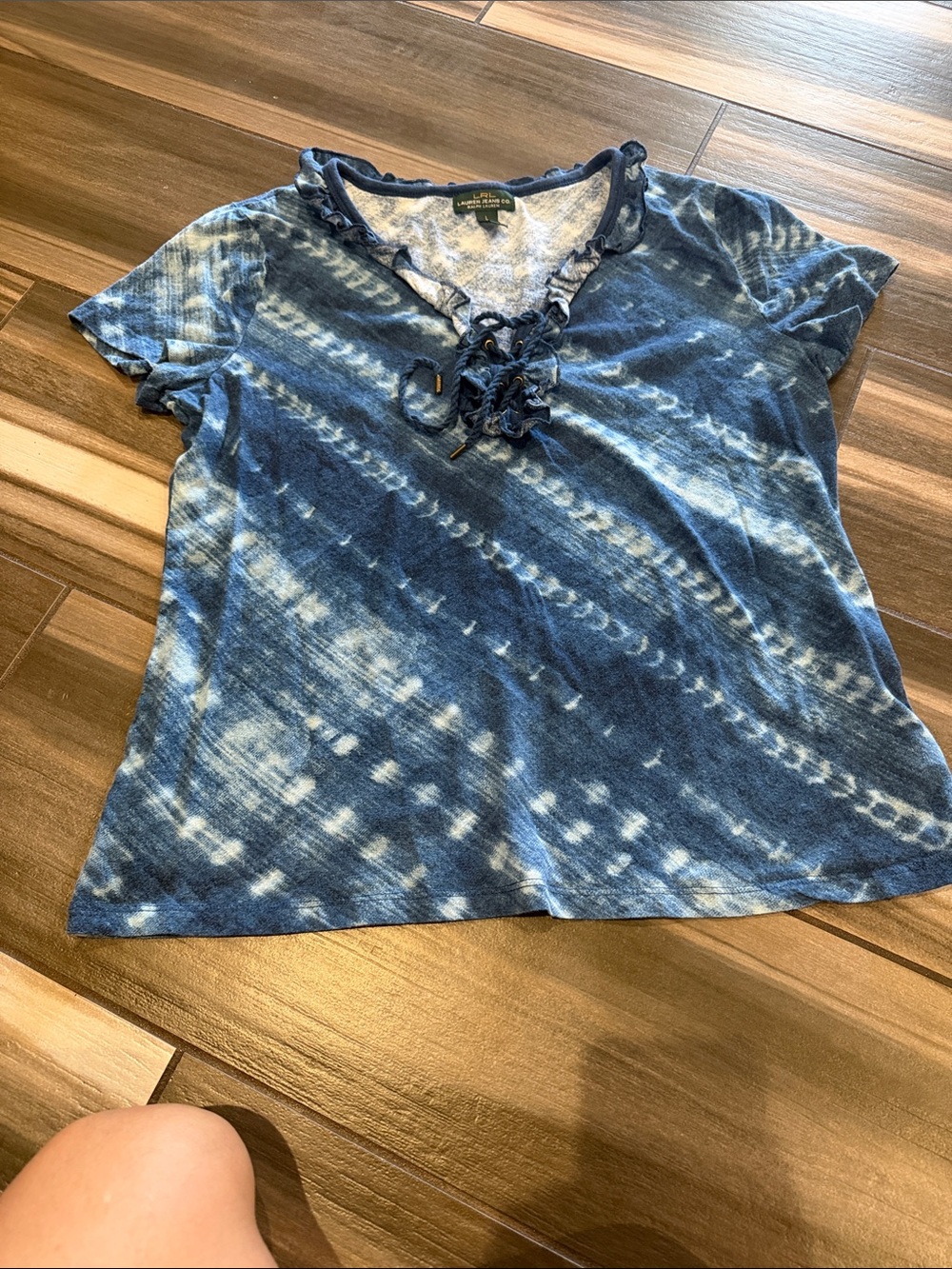 Lauren Ralph Lauren Blue Tie-Dye Lace-Up Short Sleeve Tee